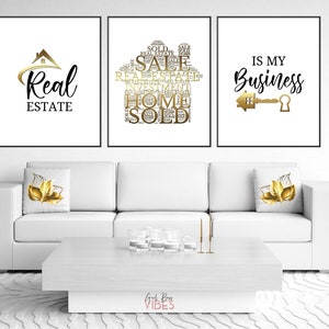Gold Real Estate Posters, Real Estate Quotes, 3pc Set Printable Wall Art, Realtor Office Decor, Real Estate Agent Quotes, Instant Download