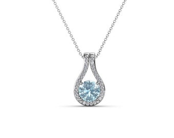 Round Aquamarine and Diamond Accent 1/3 ctw Womens Teardrop Pendant Necklace 14K Gold.Included 16 Inches 14K Gold Chain JP:229317