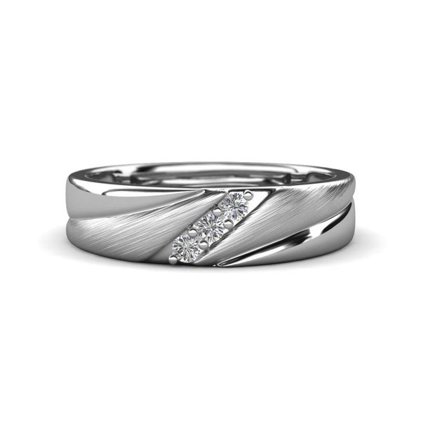 Amani Round Natural Diamond Angled Brushed and Polished Finish Men Three Stone Wedding Band 14K White Gold JP:322443