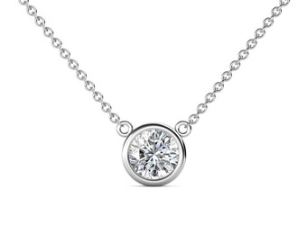 Round 6.50 mm Moissanite Bezel Set Solitaire Pendant 14K Gold. Included 16 Inches 14K Gold Chain JP:228023