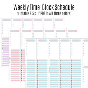May include: Printable weekly time-block schedule in three colors: pink, blue, and gray. The schedule is designed for 8.5 x 11 inch paper and includes numbered hours from 6 AM to 9 PM.