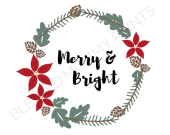 Merry and Bright Digital Download, digital print, Christmas wall art, Christmas decor, Christmas Digital Download, Winter art, Winter