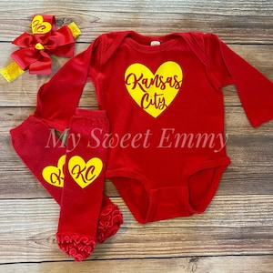 Kansas City Heart Outfit with Matching Leg Warmers & Bow Headband; Kansas City Baby Girl Outfit; Heart KC Bodysuit for Babies