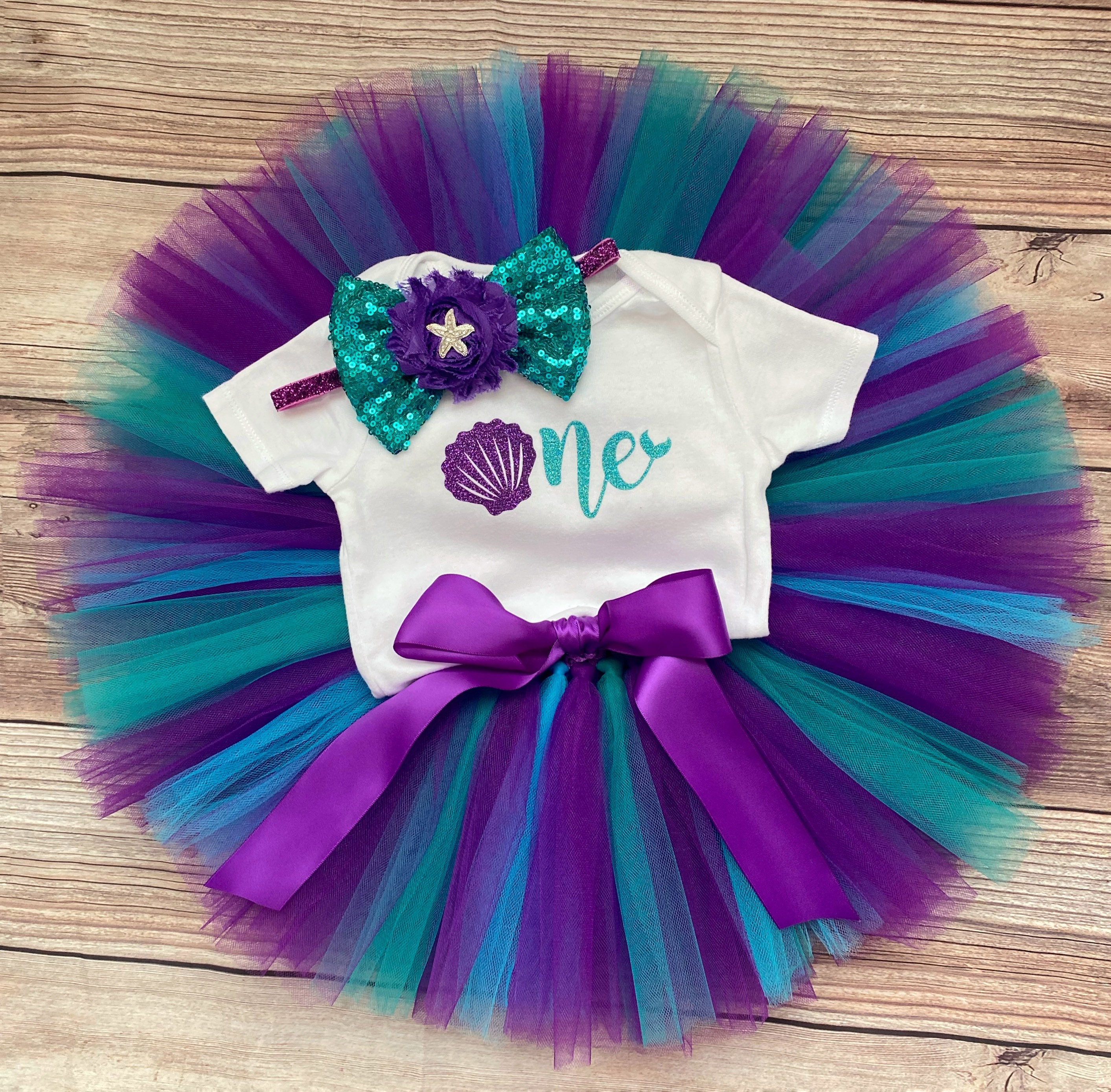 Mermaid Birthday Tutu Set in Birthday Purple Top & Jade Bottoms