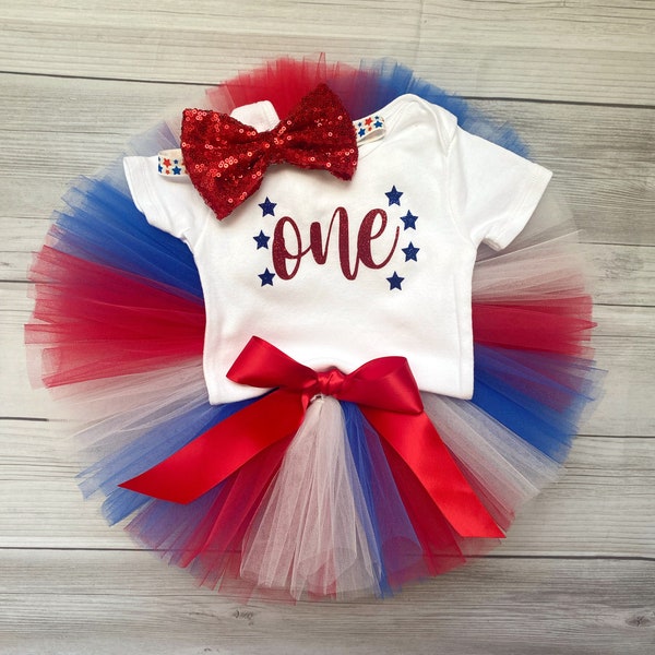 Girls 4th of July 1st Birthday Tutu Outfit, Red white blue birthday outfit, Patriotic Birthday Tutu and Hair Bow, First Birthday Outfit