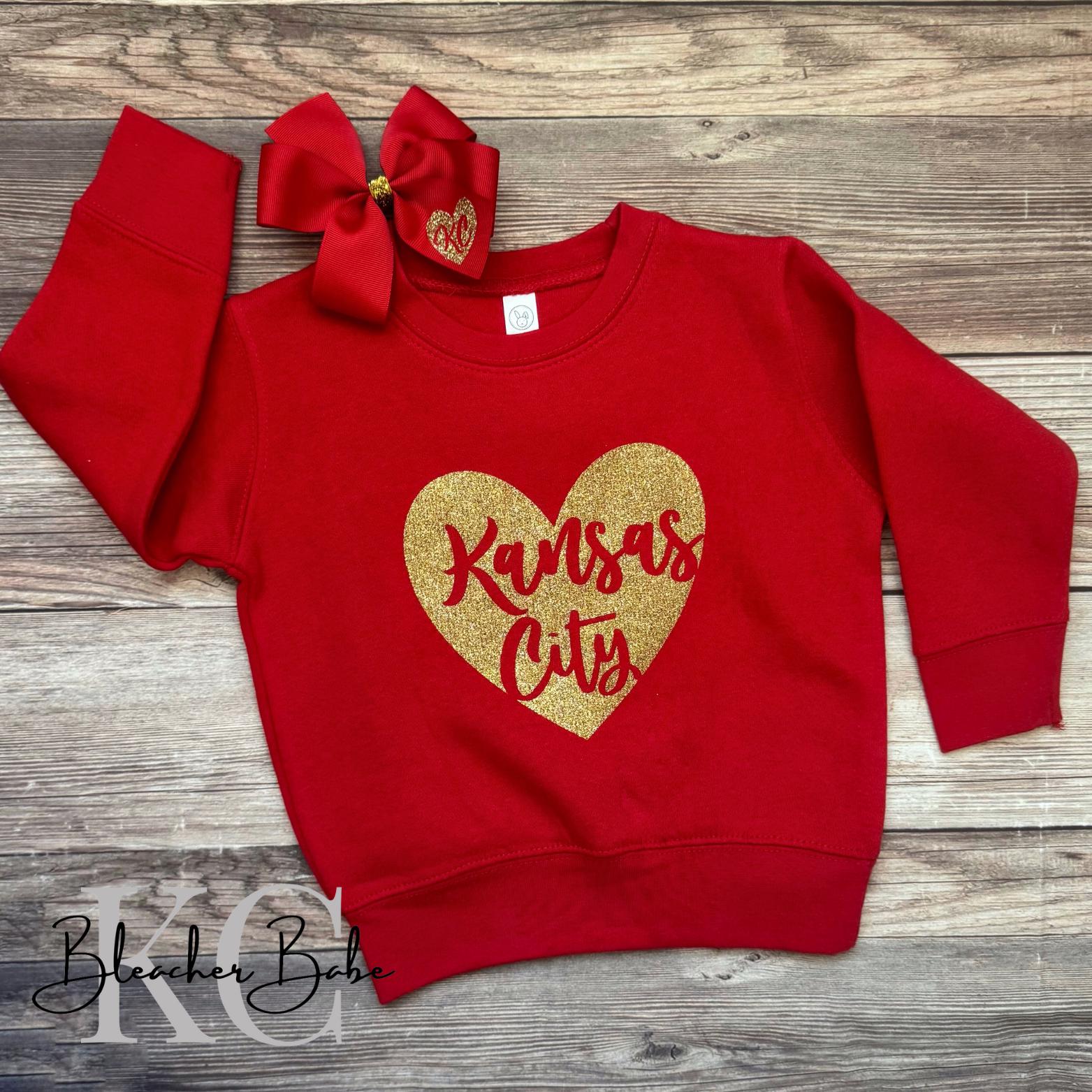 Kansas City Toddler Sweatshirt, Gold Glitter Heart KC Shirt