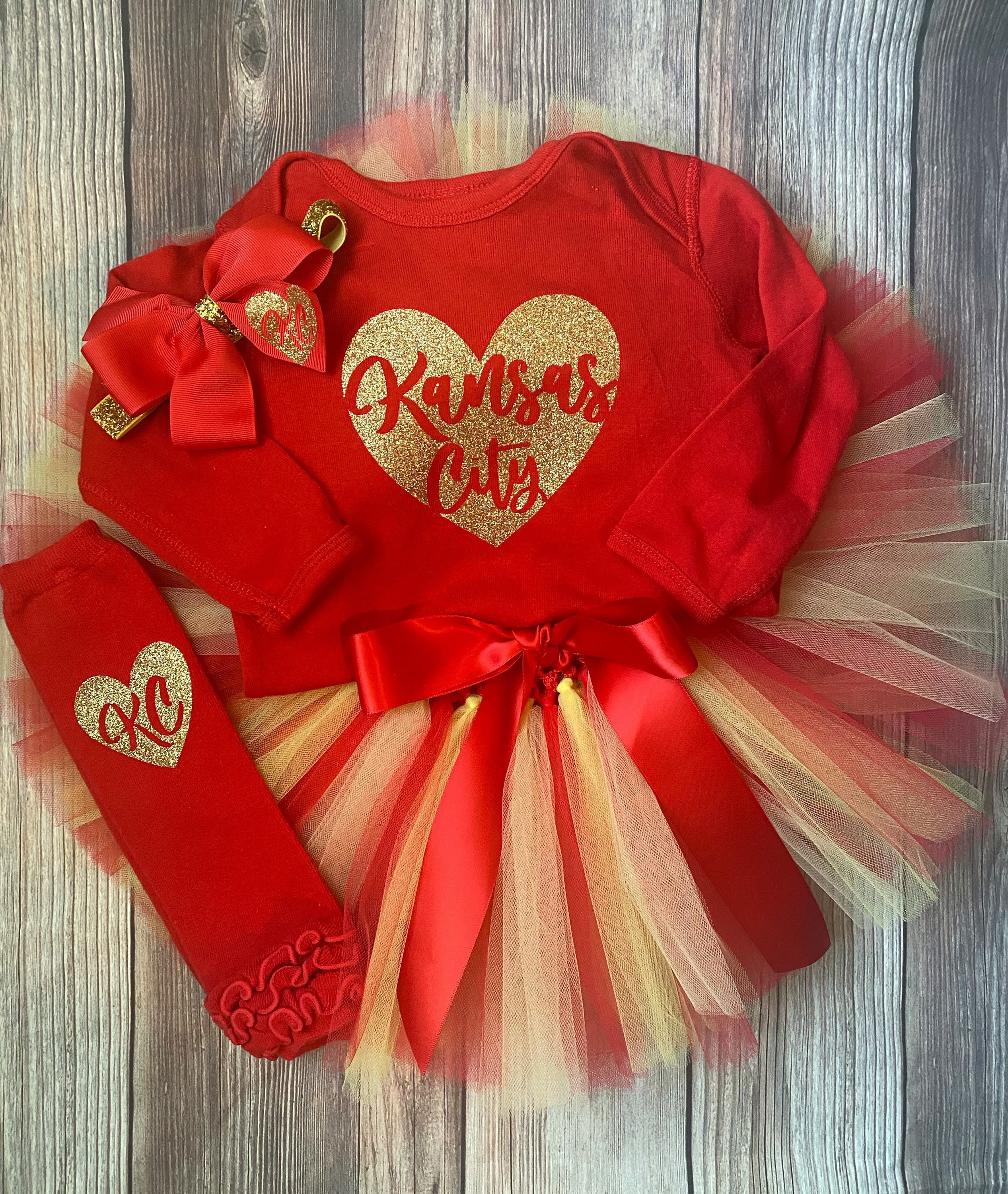 KC Gold Glitter Heart Bodysuit and Tutu Set with Leg Warmers and Bow