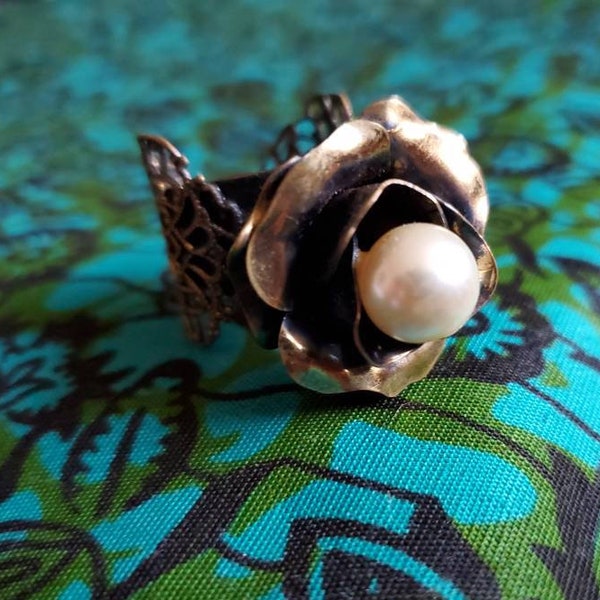 Vintage metal rose and filigree adjustable antiqued statement ring, romantic bohemian fashion