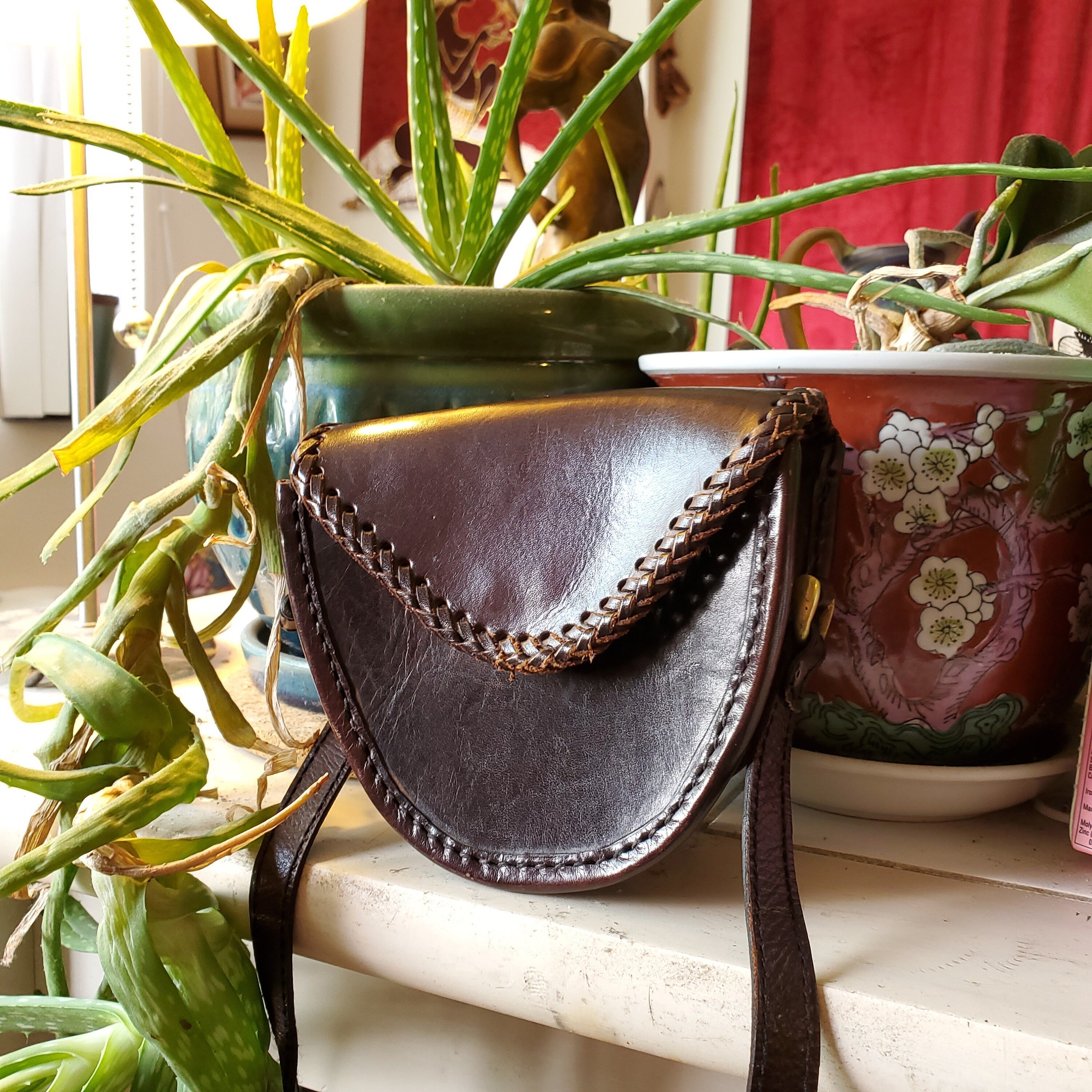 Vintage Handmade Indonesian Leather Crossbody Handbag With Artisan