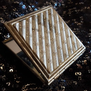 Vintage makeup mirror compact silver tone rhinestones 80s 90s rock n roll fashion w/ magnified mirror