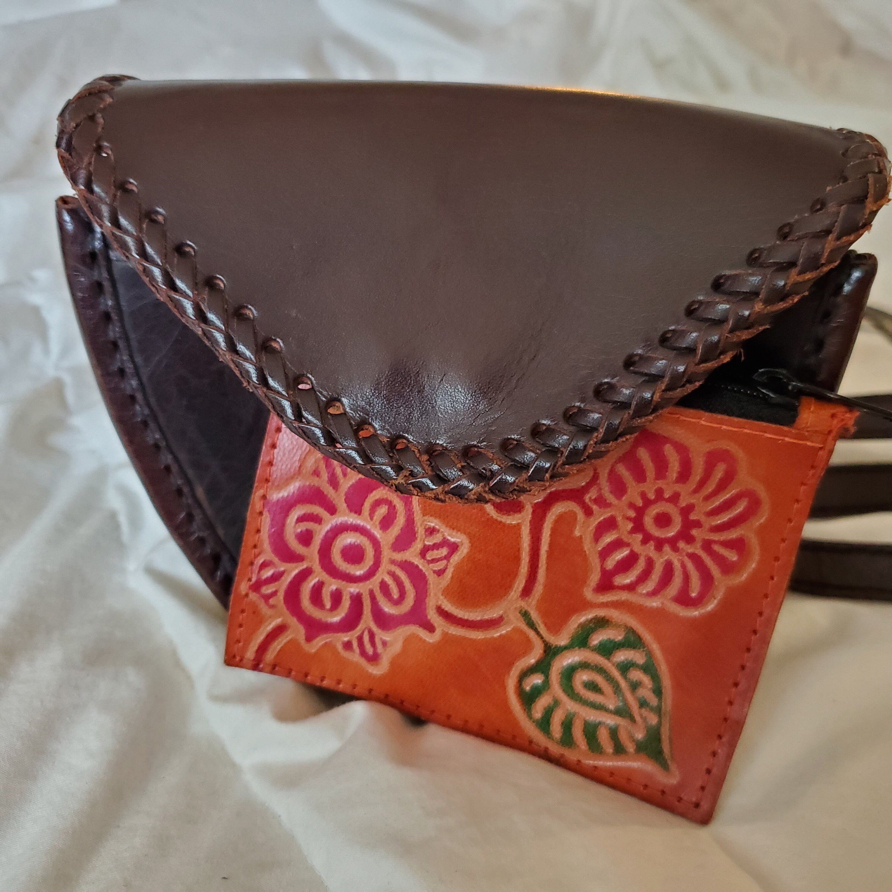 Vintage Handmade Indonesian Leather Crossbody Handbag With Artisan