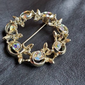 Vintage Aurora Borealis costume jewelry brooch, vine and leaves hoop, beautiful sparkly glam punk bling