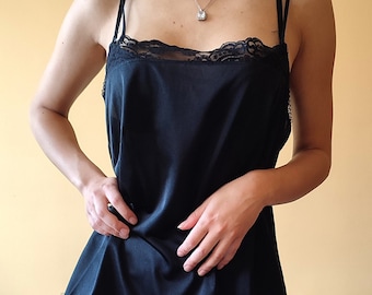 Black Silky Vintage 90s Strap / Slip Top with Lace. Sexy, Undergarment