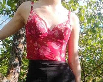 Romantic Red Rose Corset Top. Embroidered, Semi-Sheer, 2 Suspenders, Vintage 90s, 00s