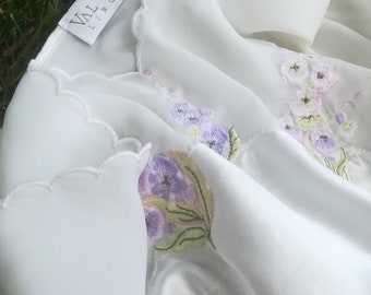White Vintage Lingerie Slip Dress / Nightgown with Pastel Embroidery. Sexy, Satin-like, Sheer, Large, 90s, 00s