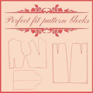 Può includere: Quattro disegni a linea rossa di blocchi di modelli di cucito su uno sfondo rosa chiaro. Il testo "Perfect fit pattern blocks" è nella parte superiore dell'immagine.