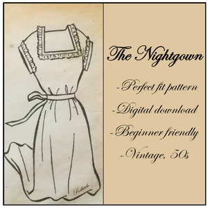 Vintage 50s Digital PDF download Nightgown/Dress Perfect Fit Pattern, DIY Sewing, Easy