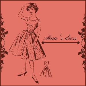 May include: A black and white illustration of a woman wearing a polka dot dress and a hat. The text "Aina's dress" is written below the woman.