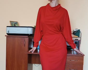 Bright Red Vintage 80s, 90s Blouson Dress with Pockets and High Neck, Size M, L