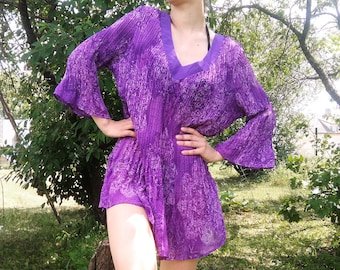 Vibrant Purple Vintage Micro Pleat Dress. 80s, 90s, Bell Sleeves, Beach Cover-Up, Short Dress