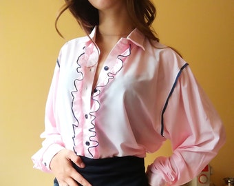 Soft Pink Vintage Blouse, 60s 70s 80s Ruffle Collar, Button Up, Semi Sheer, Secretary, Lollita Blouse, Sexy, Large