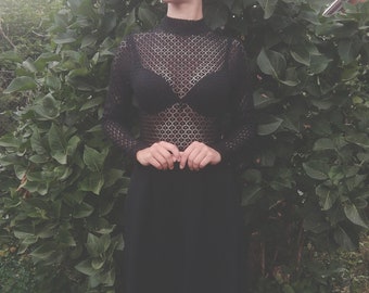 Handmade Unique Black Semi-Sheer Vintage Body Top. Fine Lace, Modern Victorian, 80s, 90s, Sexy, Form Fitting, Long Sleeve