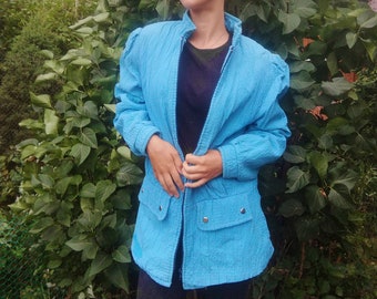 Sky Blue Vintage Gepolsterter Mantel / Jacke mit Futter, Taschen, Puffärmel, 80er, 90er, Sowjetunion, Herbstmode