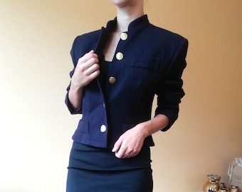 Dark Blue Wool Jacket. Ann Taylor. 90s 80s. Lined, Gold Buttons, Boss Lady, Autumn / Fall wear. USA size 6, Medium