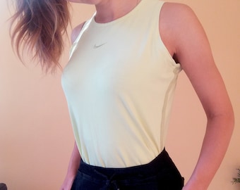 Vintage 90s Nike Top, Pale / Pastel Yellow, Cotton, Athletic, Sportswear, Streetwear