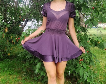 Short Purple Vintage Dress. Sheer, Silky, Shiny Details, Elastic Waist, Cute Pixie Dress, Sexy, Puffy Sleeves, Small, 90s