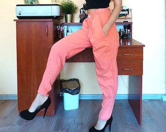 Orange High Waisted Pants / Jeans with Pockets, Vintage 90s, 00s Size S / XS