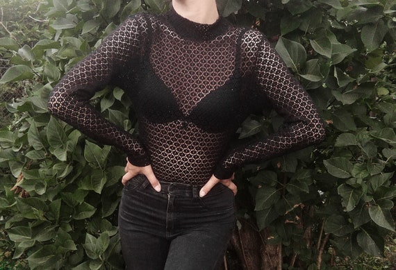 Handmade Unique Black Semi-Sheer Vintage Body Top… - image 4