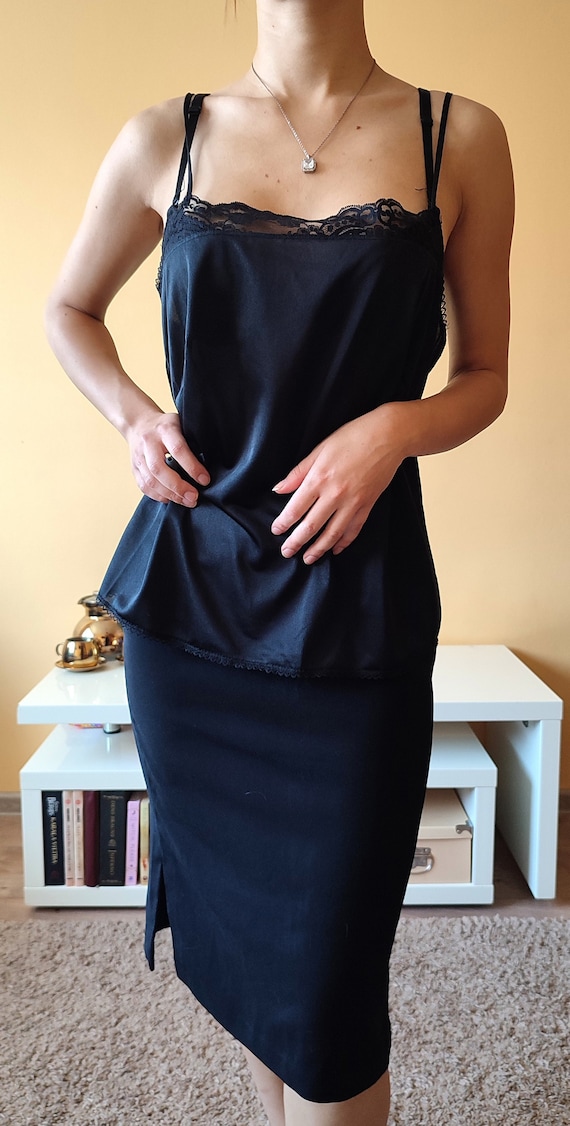 Black Silky Vintage 90s Strap / Slip Top with Lac… - image 1