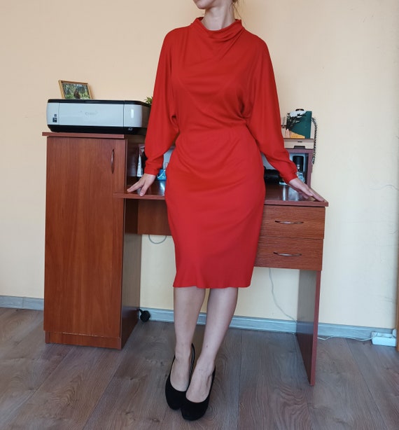 red blouson dress Bright Red Vintage 80s, 90s Blouson Dress With Pockets and High Neck, Size  M, L