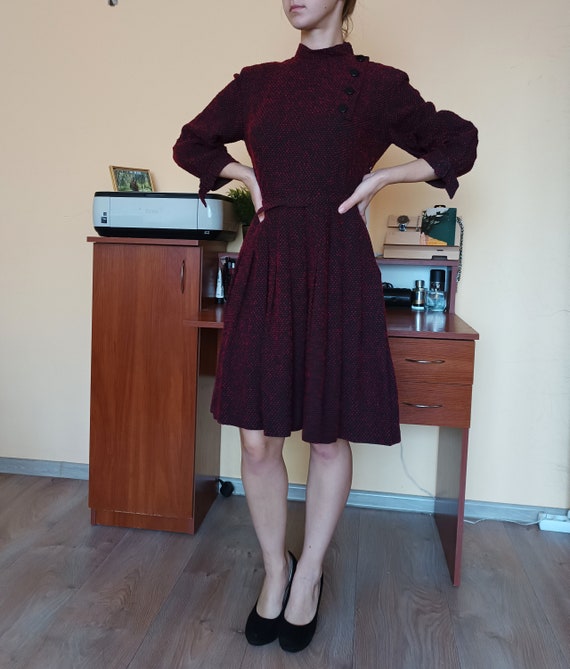 Black and Dark Red Vintage 40s, 50s Dress with Be… - image 3