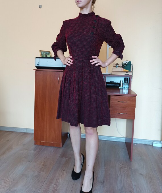Black and Dark Red Vintage 40s, 50s Dress with Be… - image 5