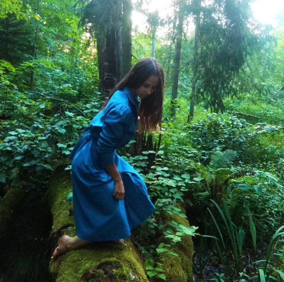 Unique Handmade Vintage Blue Wool Dress, 1940s, 30