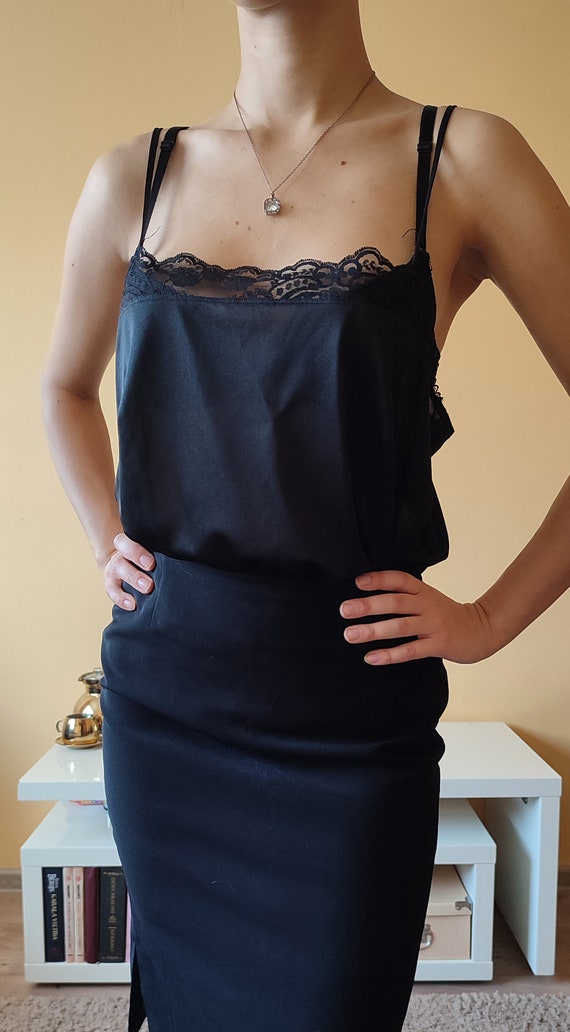 Black Silky Vintage 90s Strap / Slip Top with Lac… - image 5
