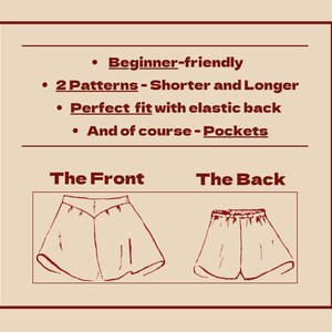 K&ouml;nnte beinhalten: Eine Diagramm-Zeichnung von Shorts mit Text: Anf&auml;ngerfreundlich, 2 Muster - K&uuml;rzer und L&auml;nger, Perfekte Passform mit elastischem R&uuml;cken und Taschen. Die Vorder- und R&uuml;ckansicht der Shorts sind abgebildet.