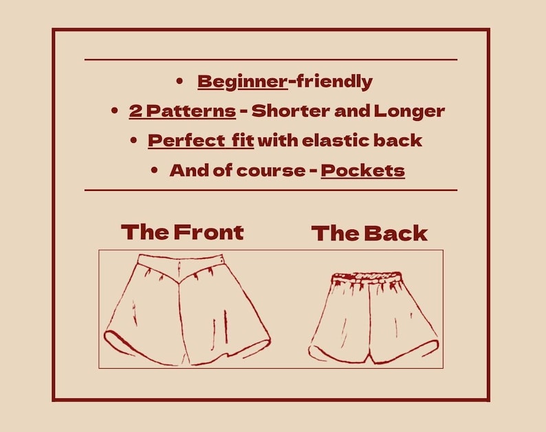 K&ouml;nnte beinhalten: Eine Diagramm-Zeichnung von Shorts mit Text: Anf&auml;ngerfreundlich, 2 Muster - K&uuml;rzer und L&auml;nger, Perfekte Passform mit elastischem R&uuml;cken und Taschen. Die Vorder- und R&uuml;ckansicht der Shorts sind abgebildet.