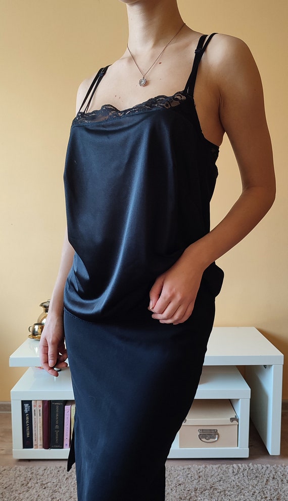 Black Silky Vintage 90s Strap / Slip Top with Lac… - image 2