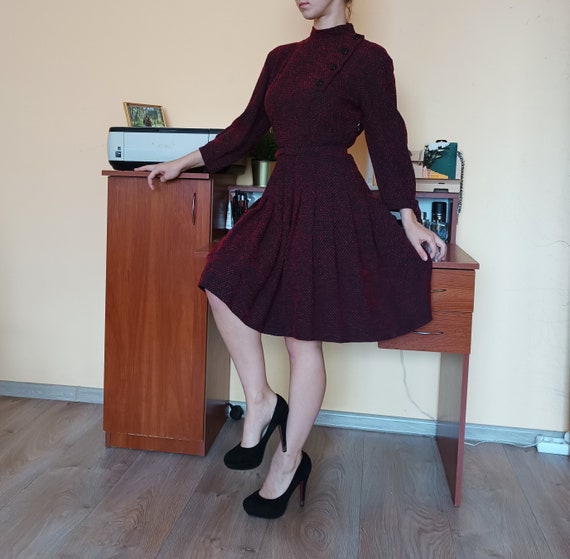 Black and Dark Red Vintage 40s, 50s Dress with Be… - image 2