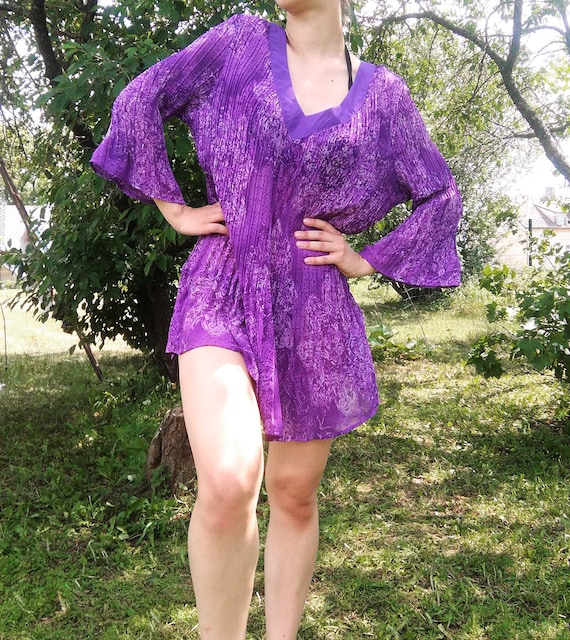Vibrant Purple Vintage Micro Pleat Dress. 80s, 90s, Bell Sleeves, Beach Cover-up, Short Dress