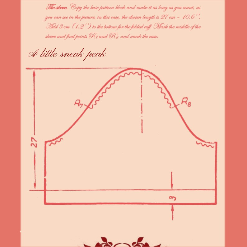 May include: A line drawing of a sleeve pattern with instructions to copy the base pattern block and make it as long as you want. The drawing shows a sleeve with a 27 cm length and a 3 cm cuff. The text "A little sneak peak" is written at the top of the drawing.