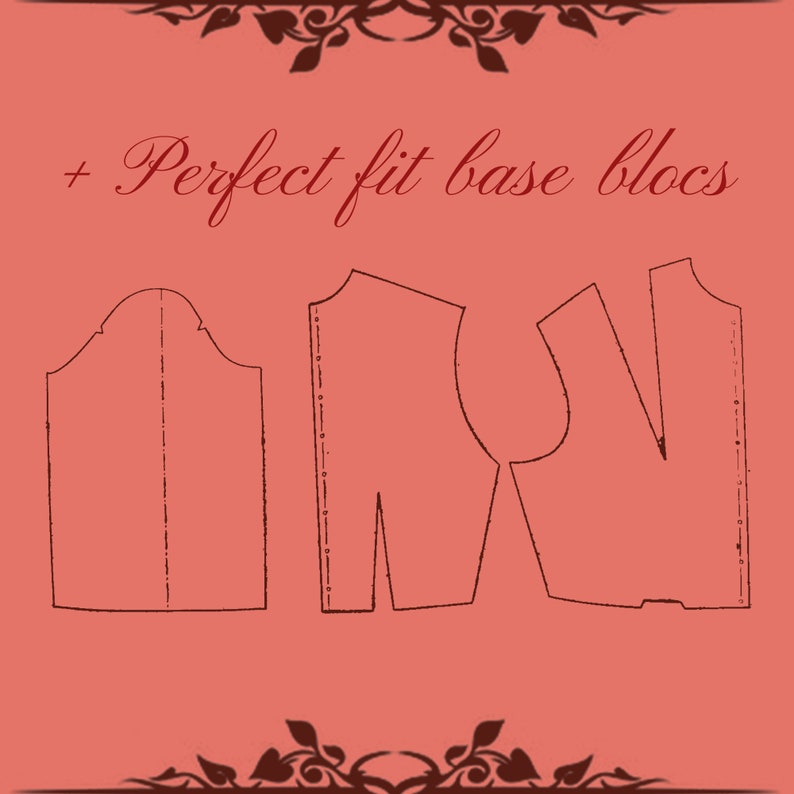 May include: Three sewing pattern pieces for a garment, labeled "Perfect fit base blocs". The pieces are on a pink background.