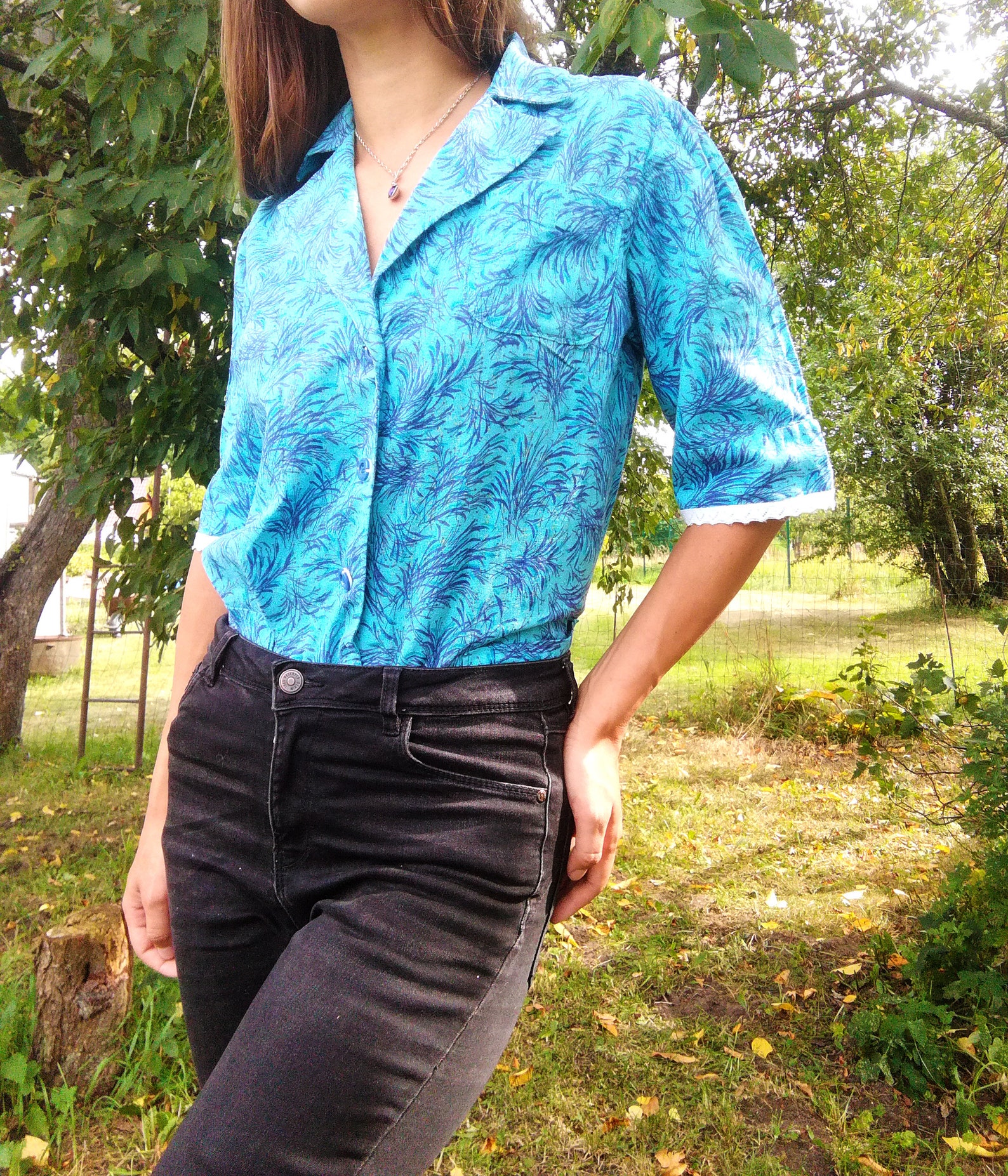 Unique, Handmade Blue Vintage Button up Shirt / Blouse / Top. 40s, 50s, Bold Print, Short