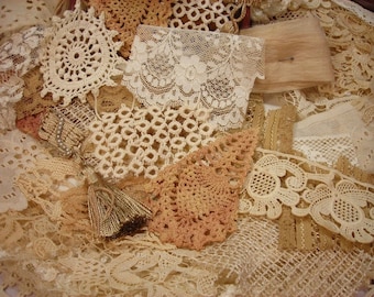 Mixed Media Fabric-Sewing-Collage Fabric Junk Journal Supplies 3 Yards Tea Stained Vintage Floral Lace Trim Vintage Sewing Lace Trims