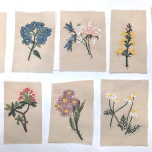 Embroidered Cotton Flower Squares: Tan Fabric Embellishments, Slow Stitch - 10 Piece