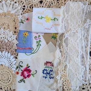 Vintage Embroidered Fabric Scraps: Lace, Doilies, Cross Stitch Embellishments