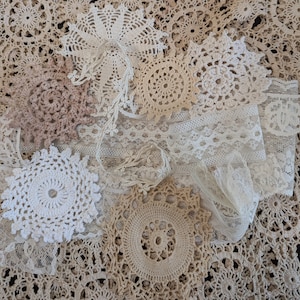 1/2 Vintage Lace AND 1/2 Doilies Junk Journal Embellishments slow stitch Mixed Media Grab Bag Texture Neutral Cream Beige Doily Trim